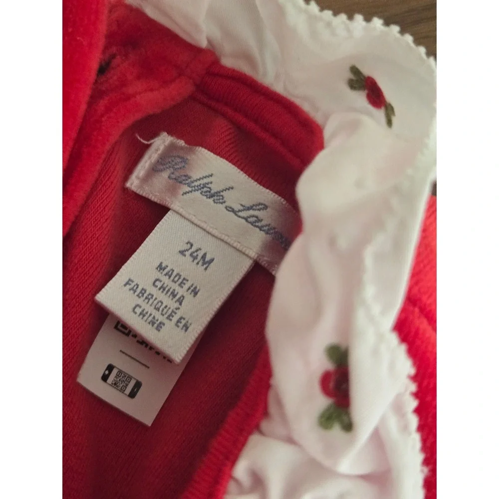 Ralph Lauren Girls Red Velvet Smocked Dress Ruffle Collar Floral Long Sleeve 6X